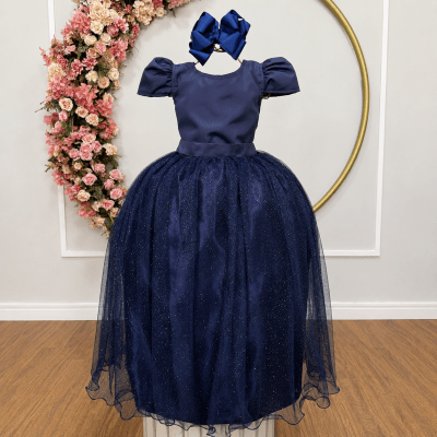 Vestido Infantil Azul Marinho Longo de Princesa Brilhante e Mangas