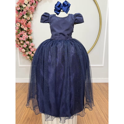 Vestido Infantil Azul Marinho Longo de Princesa Brilhante e Mangas