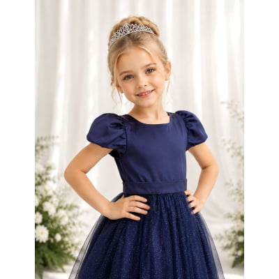 Vestido Infantil Azul Marinho Longo de Princesa Brilhante e Mangas