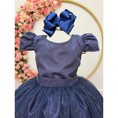 Vestido Infantil Azul Marinho Longo de Princesa Brilhante e Mangas