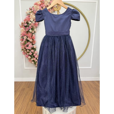 Vestido Infantil Azul Marinho Longo de Princesa Brilhante e Mangas