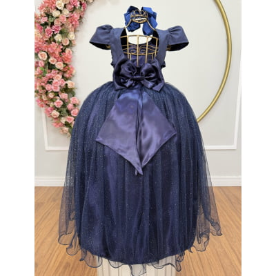 Vestido Infantil Azul Marinho Longo de Princesa Brilhante e Mangas