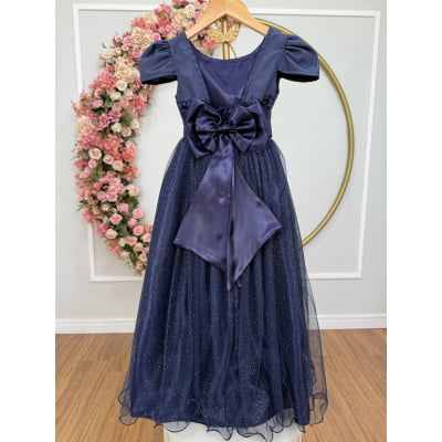 Vestido Infantil Azul Marinho Longo de Princesa Brilhante e Mangas
