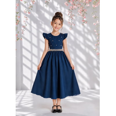 Vestido Infantil Azul Marinho Nervura com Pérolas Cinto Luxo Vestido Infantil Azul Marinho Nervura com Pérolas Cinto Luxo
