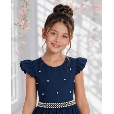 Vestido longo Daminhas, Infantil Azul Marinho em Poliéster, Nervura com Pérolas Cinto Luxo