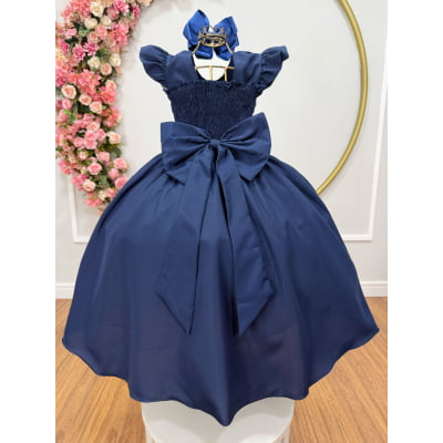 Vestido longo Daminhas, Infantil Azul Marinho em Poliéster, Nervura com Pérolas Cinto Luxo