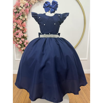 Vestido longo Daminhas, Infantil Azul Marinho em Poliéster, Nervura com Pérolas Cinto Luxo