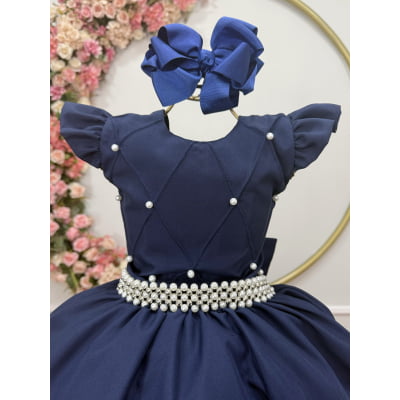 Vestido longo Daminhas, Infantil Azul Marinho em Poliéster, Nervura com Pérolas Cinto Luxo