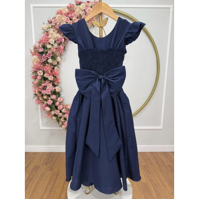 Vestido longo Daminhas, Infantil Azul Marinho em Poliéster, Nervura com Pérolas Cinto Luxo
