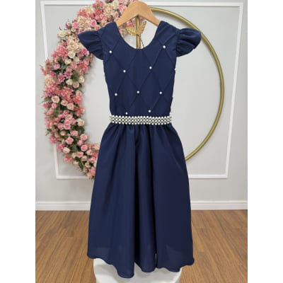Vestido longo Daminhas, Infantil Azul Marinho em Poliéster, Nervura com Pérolas Cinto Luxo
