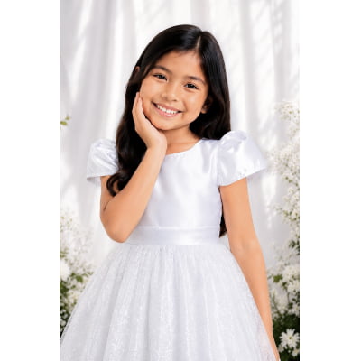 Vestido Infantil Branco Longo de Princesa Brilhante e Mangas