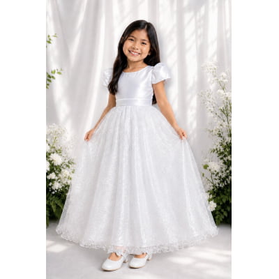 Vestido Infantil Branco Longo de Princesa Brilhante e Mangas Vestido Infantil Branco Longo de Princesa Brilhante e Mangas