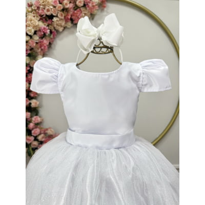 Vestido Infantil Branco Longo de Princesa Brilhante e Mangas