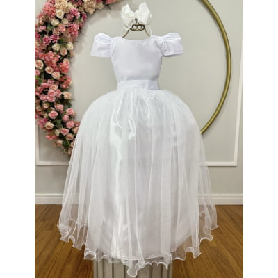 Vestido Infantil Branco Longo de Princesa Brilhante e Mangas