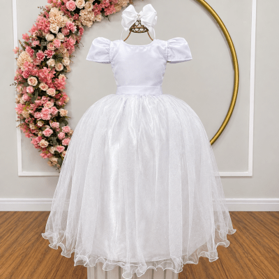 Vestido Infantil Branco Longo de Princesa Brilhante e Mangas