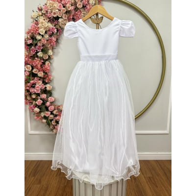 Vestido Infantil Branco Longo de Princesa Brilhante e Mangas