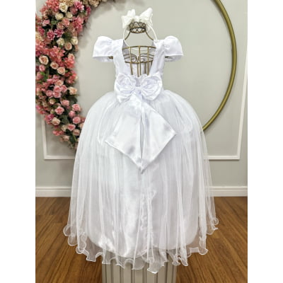 Vestido Infantil Branco Longo de Princesa Brilhante e Mangas