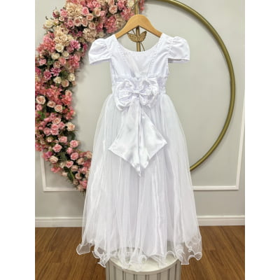 Vestido Infantil Branco Longo de Princesa Brilhante e Mangas