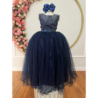 Vestido Infantil Damas de Honra Longo Azul Marinho C/ Pérolas