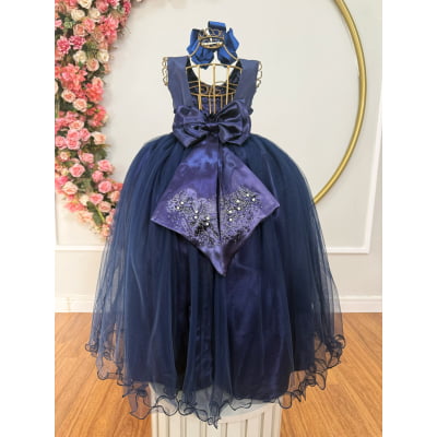 Vestido Infantil Damas de Honra Longo Azul Marinho C/ Pérolas