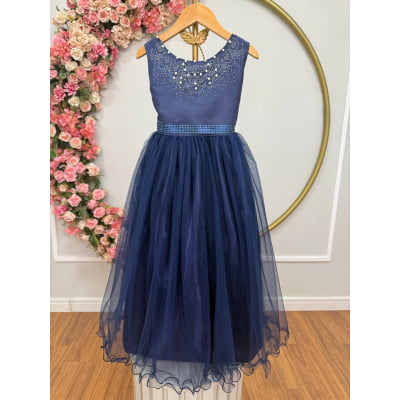 Vestido Infantil Damas de Honra Longo Azul Marinho C/ Pérolas