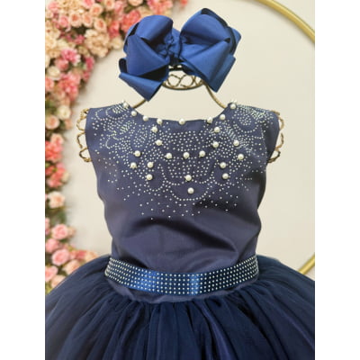 Vestido Infantil Damas de Honra Longo Azul Marinho C/ Pérolas