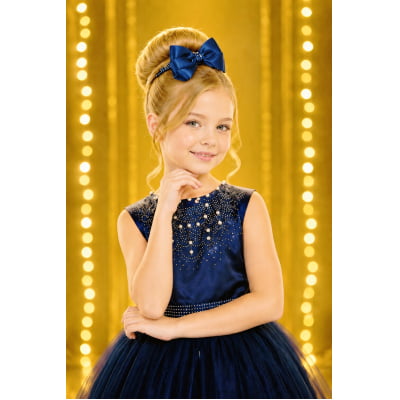 Vestido Infantil Damas de Honra Longo Azul Marinho C/ Pérolas