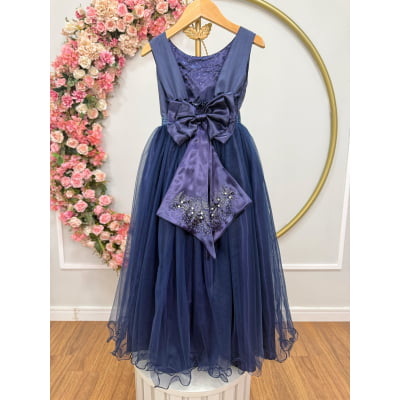Vestido Infantil Damas de Honra Longo Azul Marinho C/ Pérolas