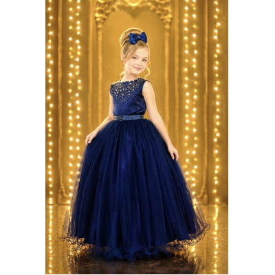 Vestido Infantil Damas de Honra Longo Azul Marinho C/ Pérolas