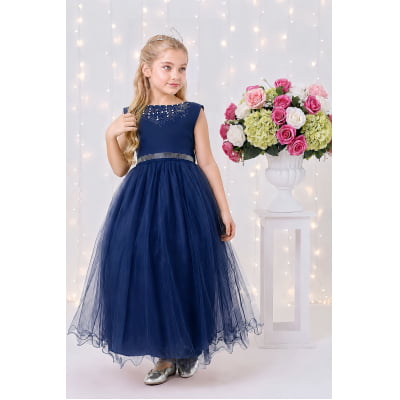 Vestido Infantil Damas de Honra Longo Azul Marinho C/ Pérolas