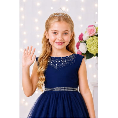 Vestido Infantil Damas de Honra Longo Azul Marinho C/ Pérolas