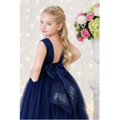 Vestido Infantil Damas de Honra Longo Azul Marinho C/ Pérolas