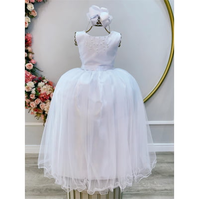 Vestido Infantil Damas de Honra Longo Branco Pérolas Vestido Infantil Damas de Honra Longo Branco Pérolas