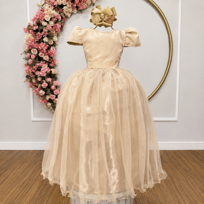 Vestido Infantil Dourado Longo de Princesa Brilhante e Mangas