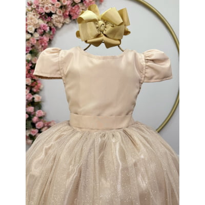 Vestido Infantil Dourado Longo de Princesa Brilhante e Mangas