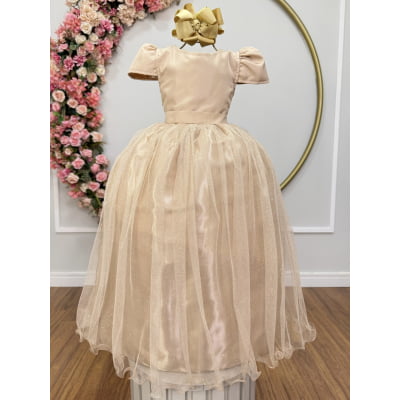 Vestido Infantil Dourado Longo de Princesa Brilhante e Mangas