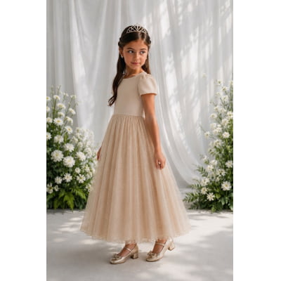 Vestido Infantil Dourado Longo de Princesa Brilhante e Mangas