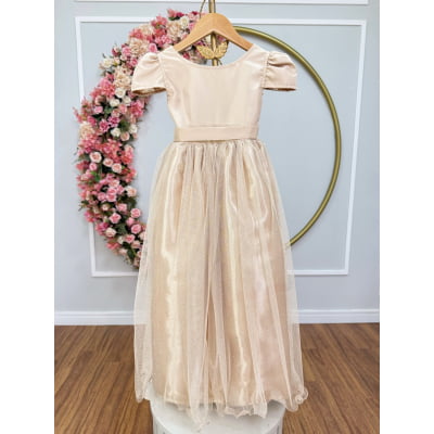 Vestido Infantil Dourado Longo de Princesa Brilhante e Mangas
