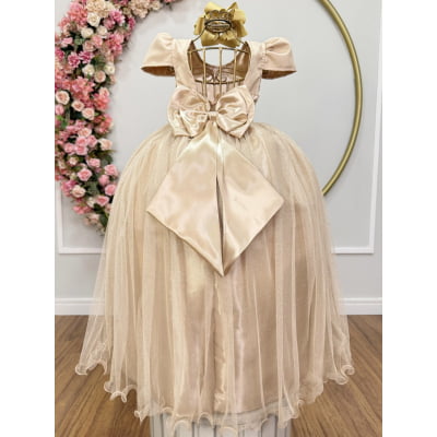 Vestido Infantil Dourado Longo de Princesa Brilhante e Mangas