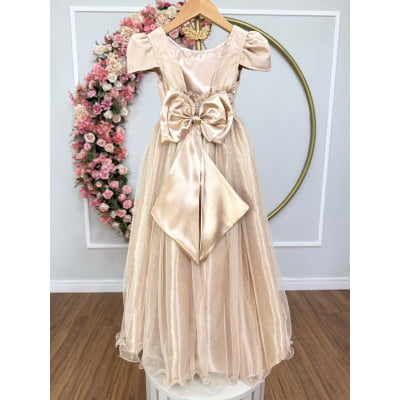 Vestido Infantil Dourado Longo de Princesa Brilhante e Mangas