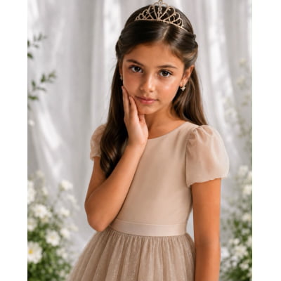 Vestido Infantil Dourado Longo de Princesa Brilhante e Mangas