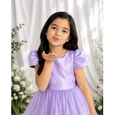 Vestido Infantil Lilás Longo de Princesa Brilhante e Mangas