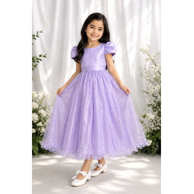 Vestido Infantil Lilás Longo de Princesa Brilhante e Mangas Vestido Infantil Lilás Longo de Princesa Brilhante e Mangas