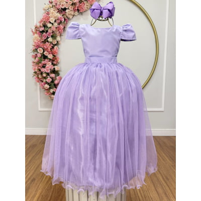 Vestido Infantil Lilás Longo de Princesa Brilhante e Mangas