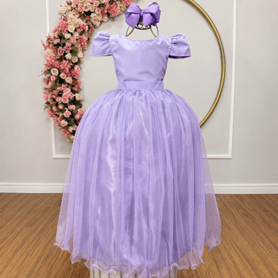 Vestido Infantil Lilás Longo de Princesa Brilhante e Mangas