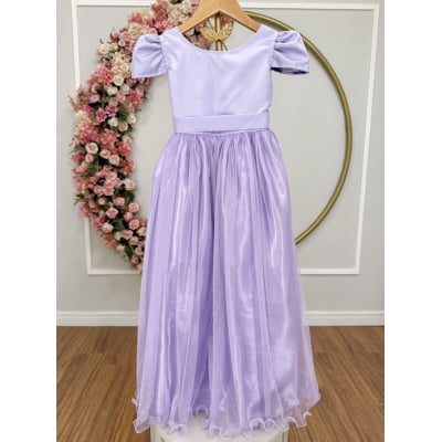 Vestido Infantil Lilás Longo de Princesa Brilhante e Mangas