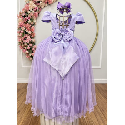Vestido Infantil Lilás Longo de Princesa Brilhante e Mangas