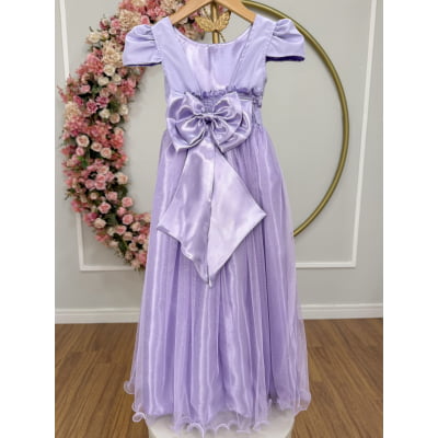 Vestido Infantil Lilás Longo de Princesa Brilhante e Mangas