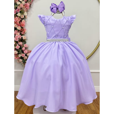 Vestido Longo Daminhas, Infantil Lilás em Poliéster, Nervura com Pérolas Cinto Luxo