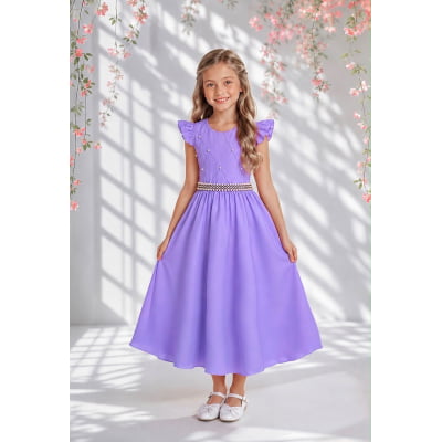 Vestido Longo Daminhas, Infantil Lilás em Poliéster, Nervura com Pérolas Cinto Luxo Vestido Longo Daminhas, Infantil Lilás em Poliéster, Nervura com Pérolas Cinto Luxo